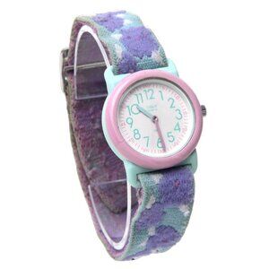 Vintage TIMEX Floral Elastic Band Watch Plastic Face Stainless Steel Pink Purple